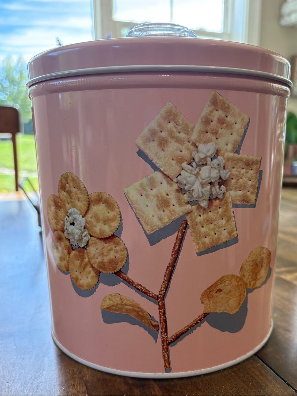 vintage pink metal Blue Magic "Krispy Kan" cracker container